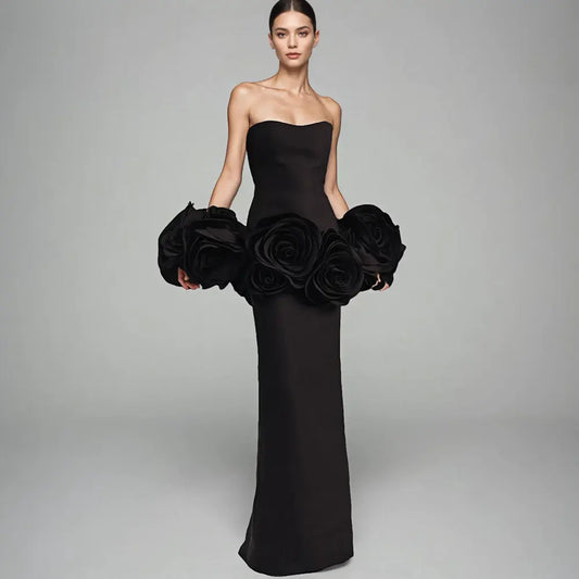 Wholesale women's clothing 2025 ladies prom dresses 3D flower elegant black long evening dress engagement party dresses for women