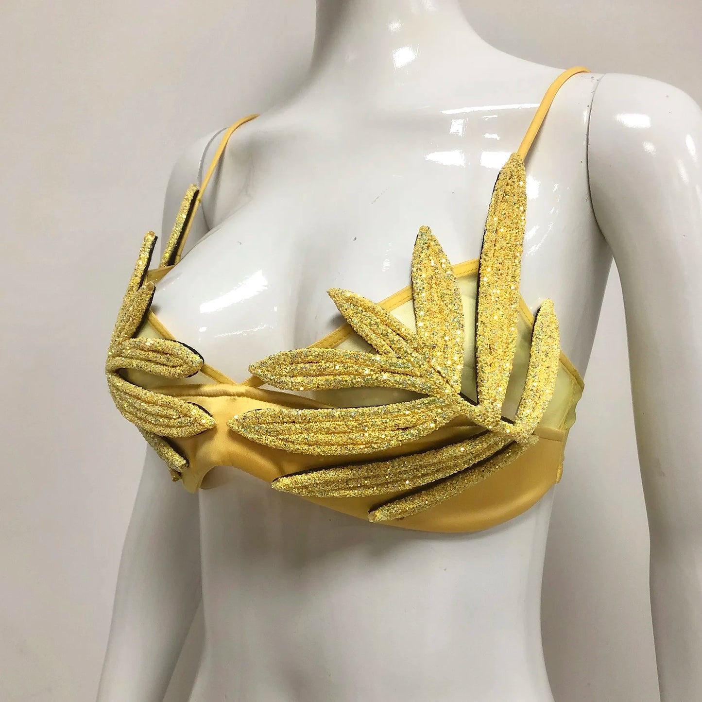 Wholesale high quality women's charming yellow glitter leaf design bra luxury sexy lingerie