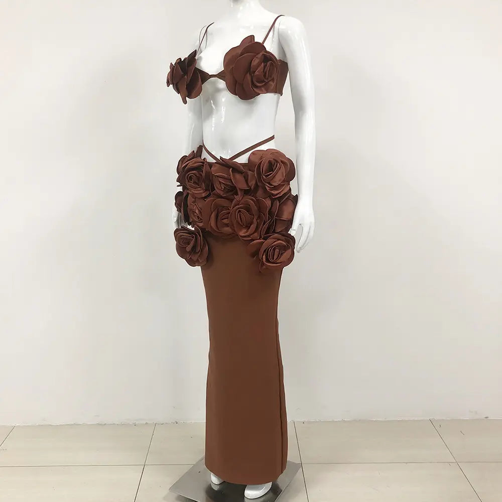 Trend 2025 Latest Arrivals Sexy Dark Brown Bandage Dress 3D Flower Top Floral Maxi Dress Two Piece Set