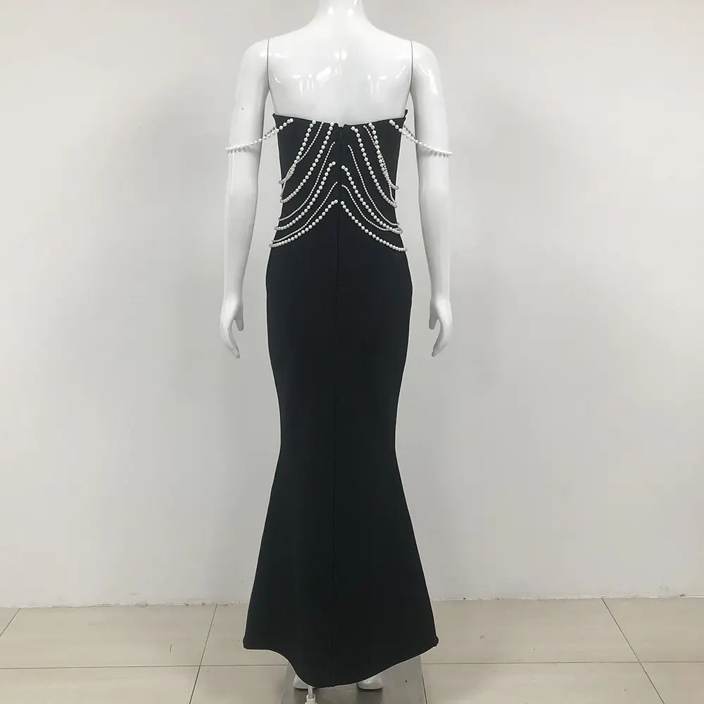 Elegant women's clothing women's long bodycon dress gown luxury sexy black bandage mermaid evening gown pearl chain