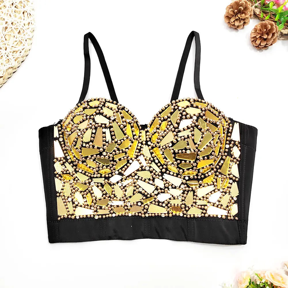 Glitter Gold Sequin Crop Top Party Nightclub Sparkling Beaded Corset Women 2025