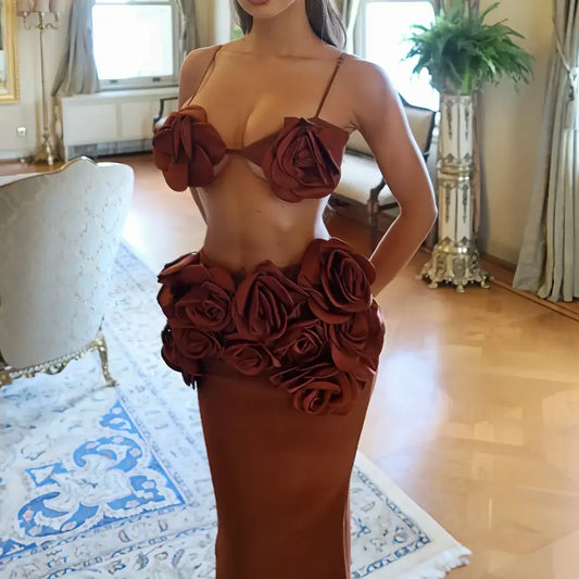 Trend 2025 Latest Arrivals Sexy Dark Brown Bandage Dress 3D Flower Top Floral Maxi Dress Two Piece Set