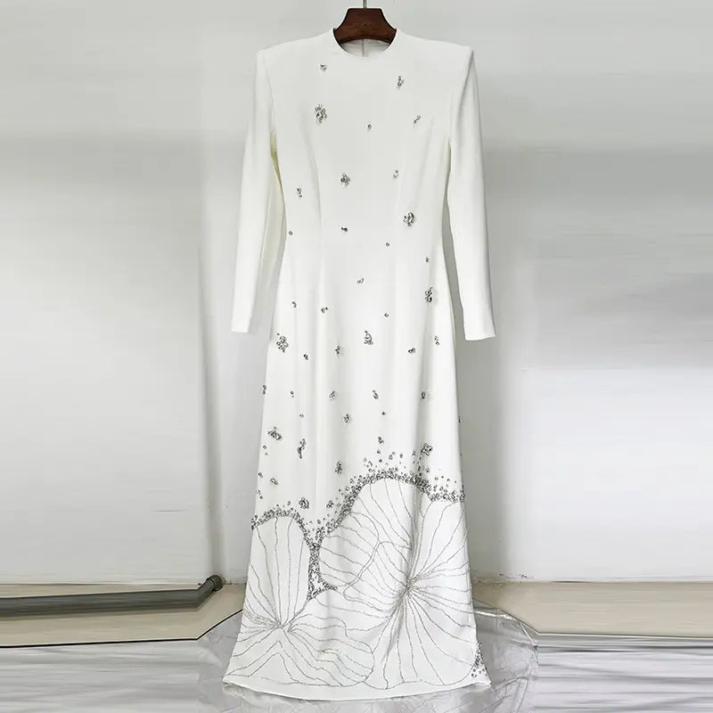 High quality custom made women's clothing manufacturing heavy duty beaded rhinestones long party dress luxury floor length white evening gown