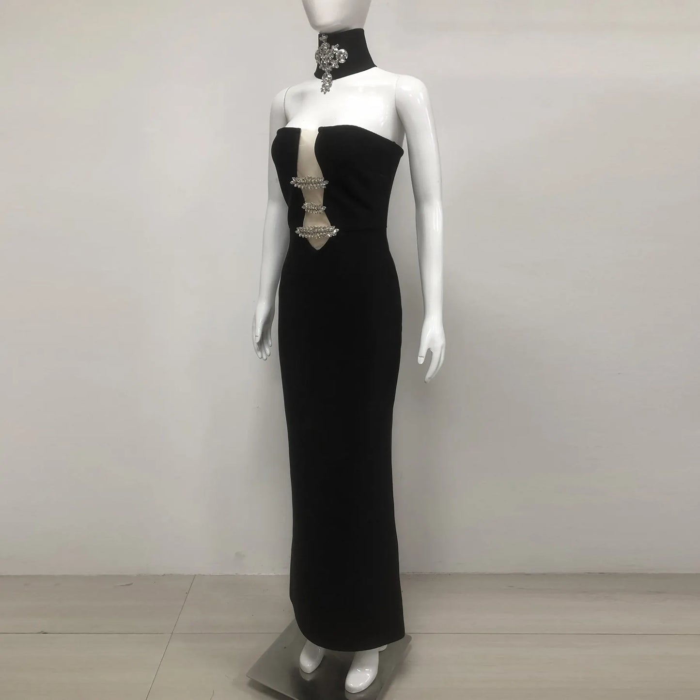 Custom bandage dress manufacturer luxury rhinestone elegant gown women long bodycon black evening dress