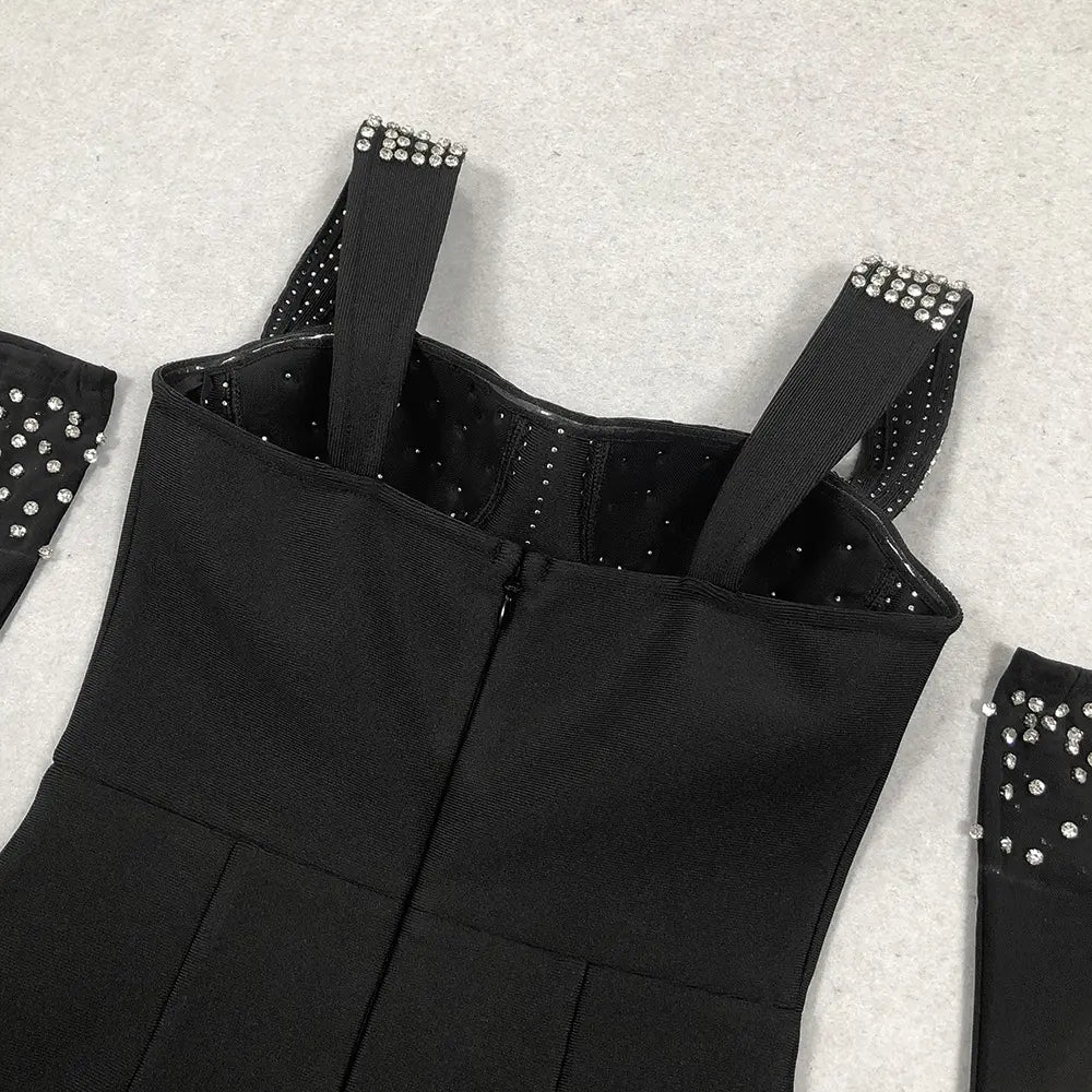 Custom Design Women Rhinestone Birthday Party Wear Black Long Bandage Gown Nightgown Maxi Dress With Gloves Evening Dress