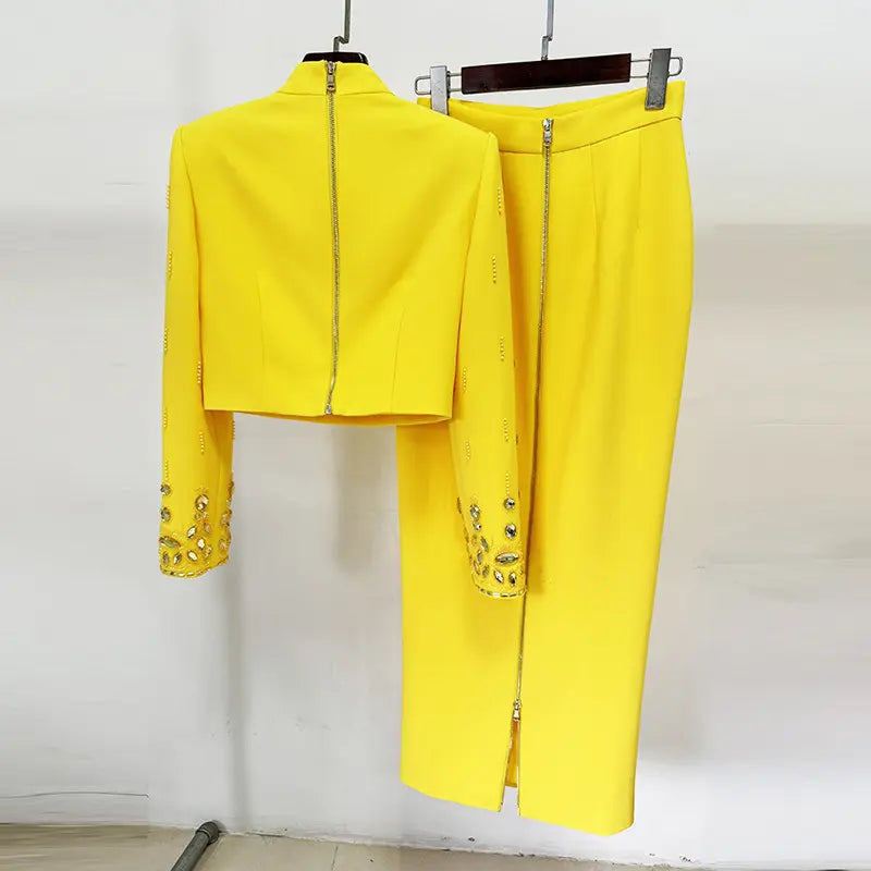 Fashion ladies two piece dress beaded diamond short long dress suit rhinestone 2 piece set 4