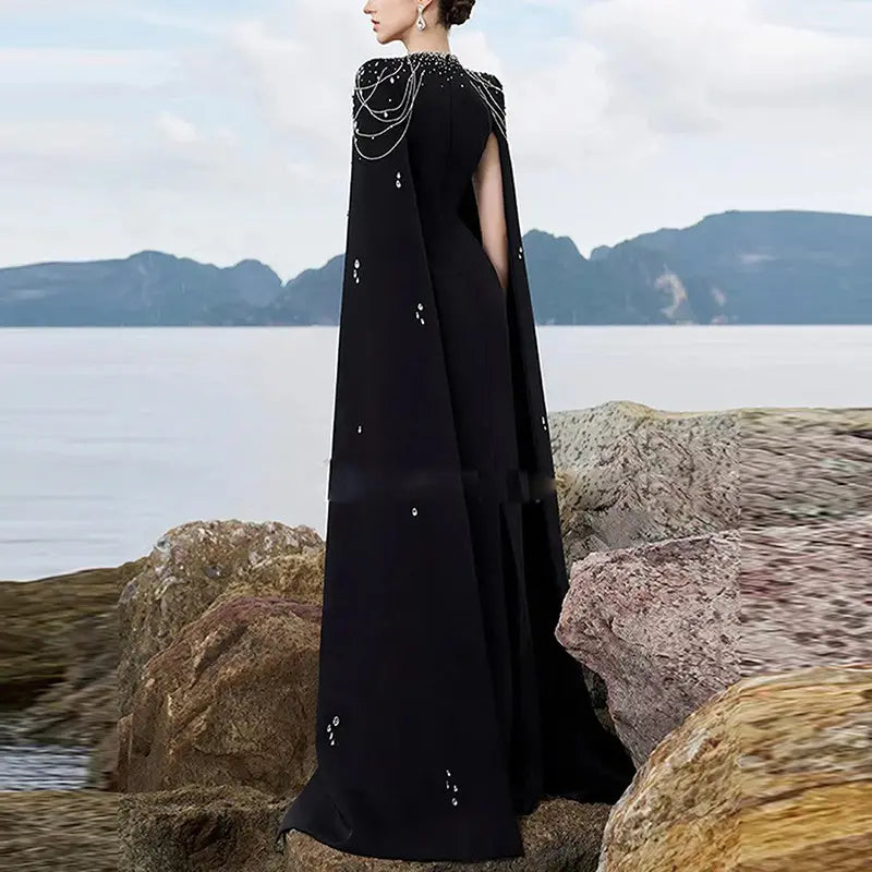2025 Elegant Beaded Floor Standing Women's Formal Evening Dress Luxury Beaded Modest Evening Dress Long Cape Sleeves