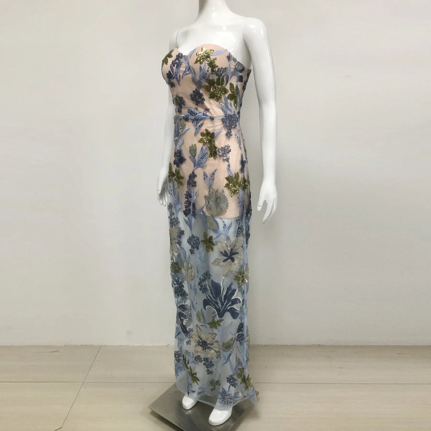 Custom Women's Boutique Clothing Embroidered Dress Elegant Long Transparent Design Handmade Sequin Embroidery Floral Dress