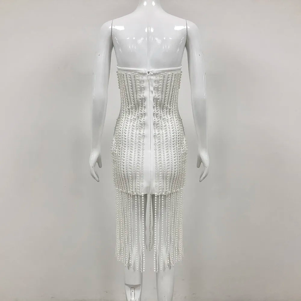 2025 Luxury Ball Gown Front De Noche De Luxo Women White Elegant Pearl Tassel Evening Dress Fashion Club Bandage Dress