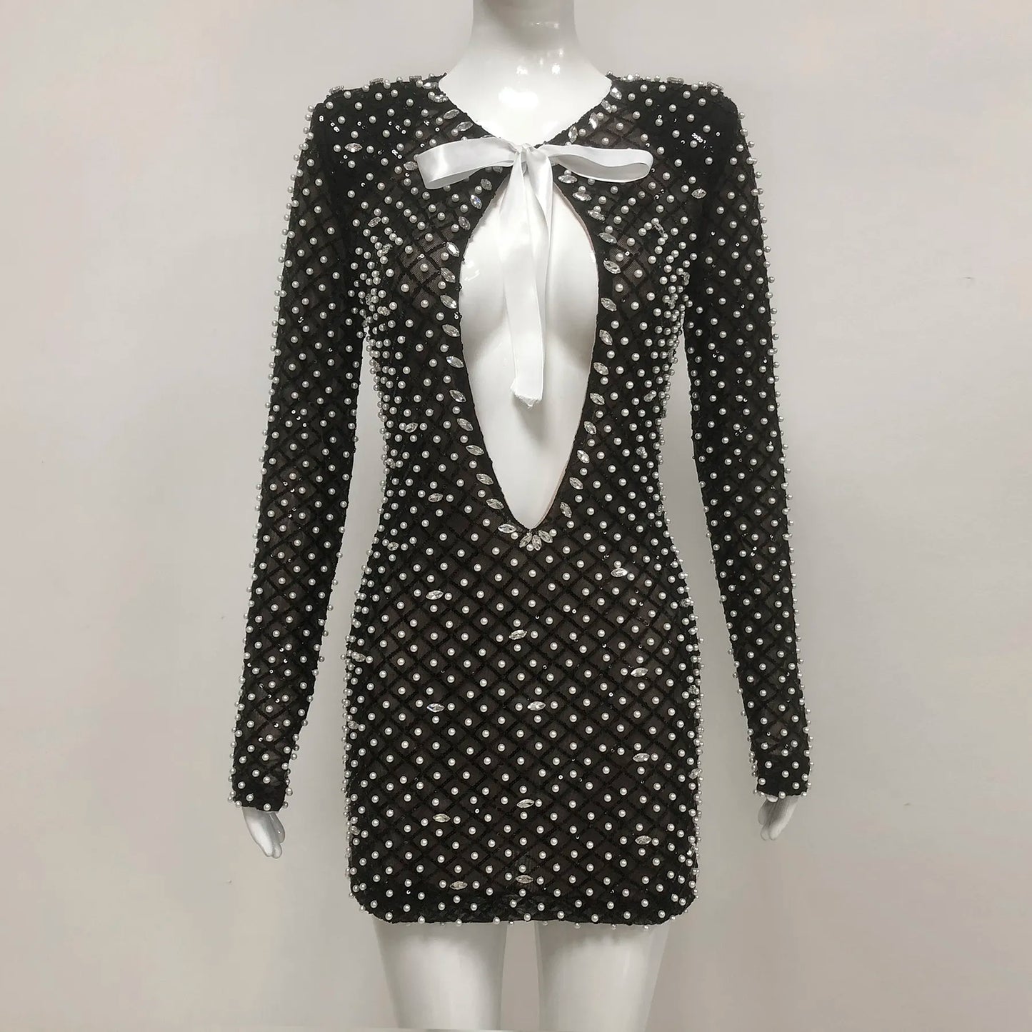 OEM factory custom clothing women pearl sequin black mini dress cut short party wear club wear women sexy