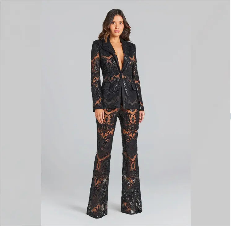 Sexy ladies suits office wear formal sequin lace translucent ladies elegant tuxedo suit two piece suit