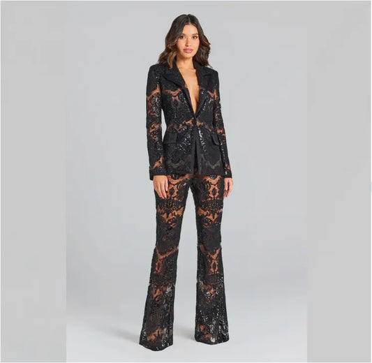 Sexy ladies suits office wear formal sequin lace translucent ladies elegant tuxedo suit two piece suit