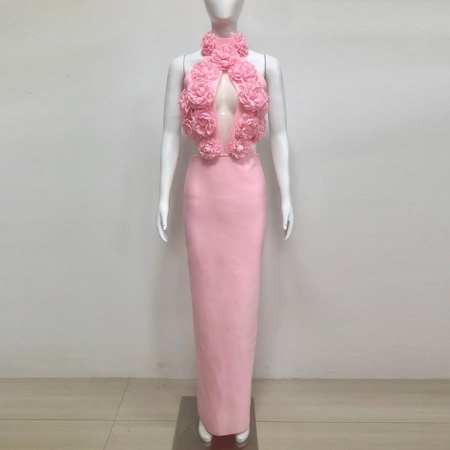 Wholesale women sexy birthday bandage dress nightgown De Soiree Elegante luxury 3d rose flower pink dinner evening dress