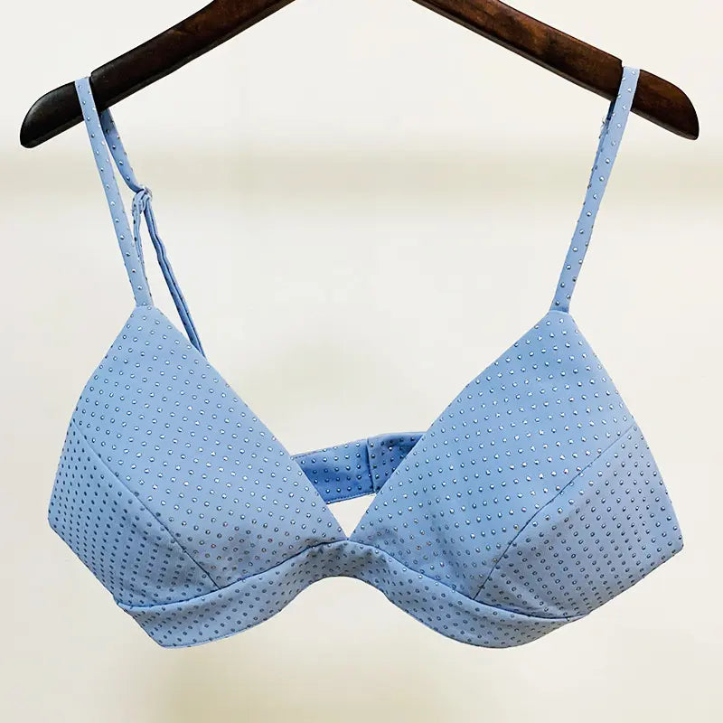 Custom-made factory-made fashion brand clothing single-button sports jacket vest bra bell-bottom pants sky blue three-piece women's suit