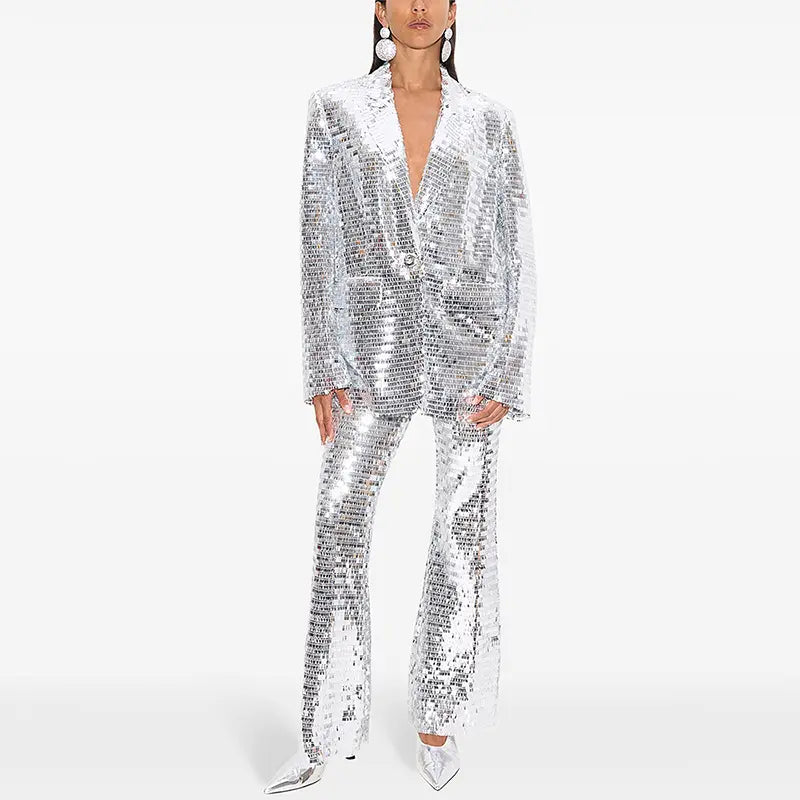 2025 New Fashion High-End Quality Women's Sports Jacket Mesh Silver Sequin Trousers Set Two-Piece Women's Sports Jacket Suit