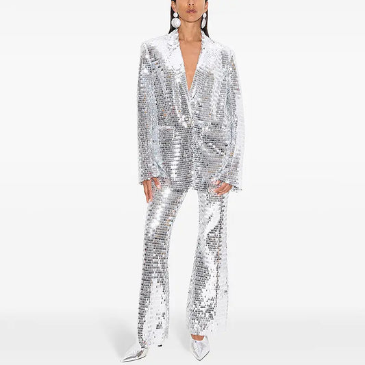 2025 New Fashion High-End Quality Women's Sports Jacket Mesh Silver Sequin Trousers Set Two-Piece Women's Sports Jacket Suit