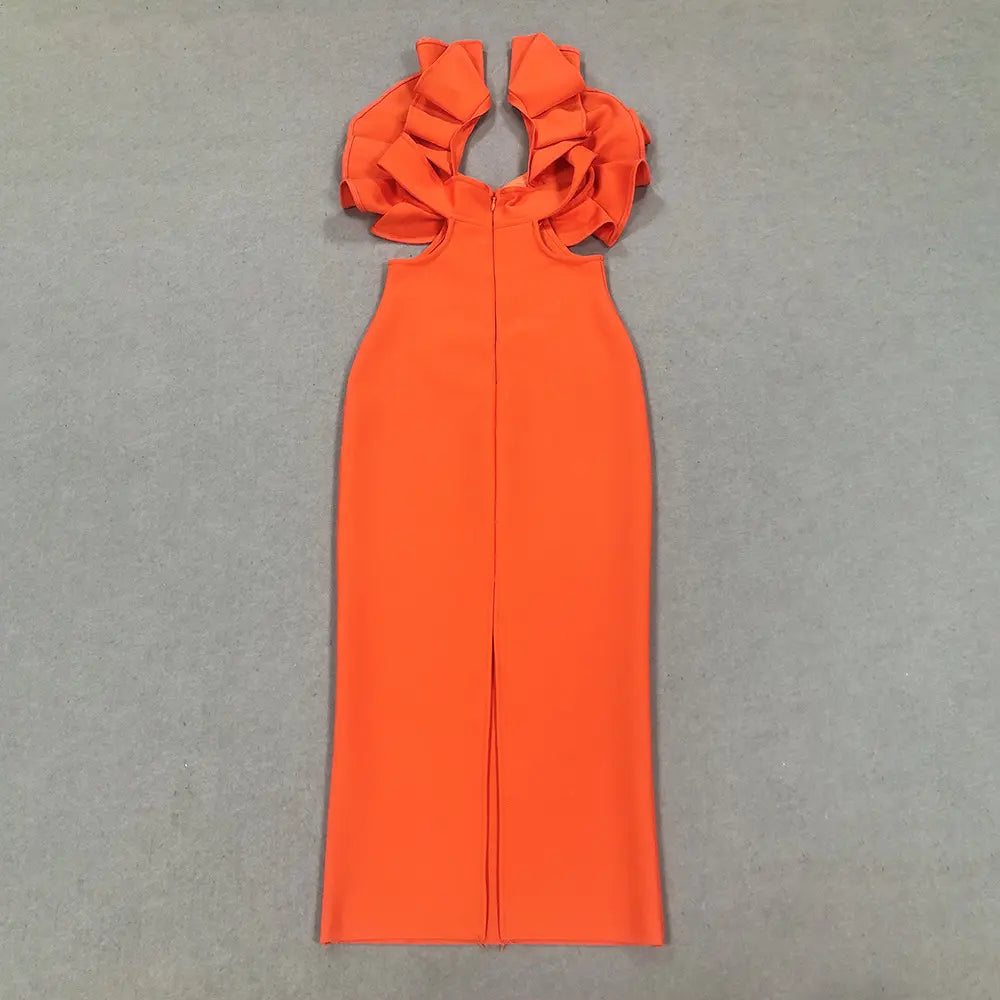Wholesale Dropshipping Elegant Evening Dress Orange Bandage Dress Party Wear Luxury Women Ruffle Sleeve Evening Dress