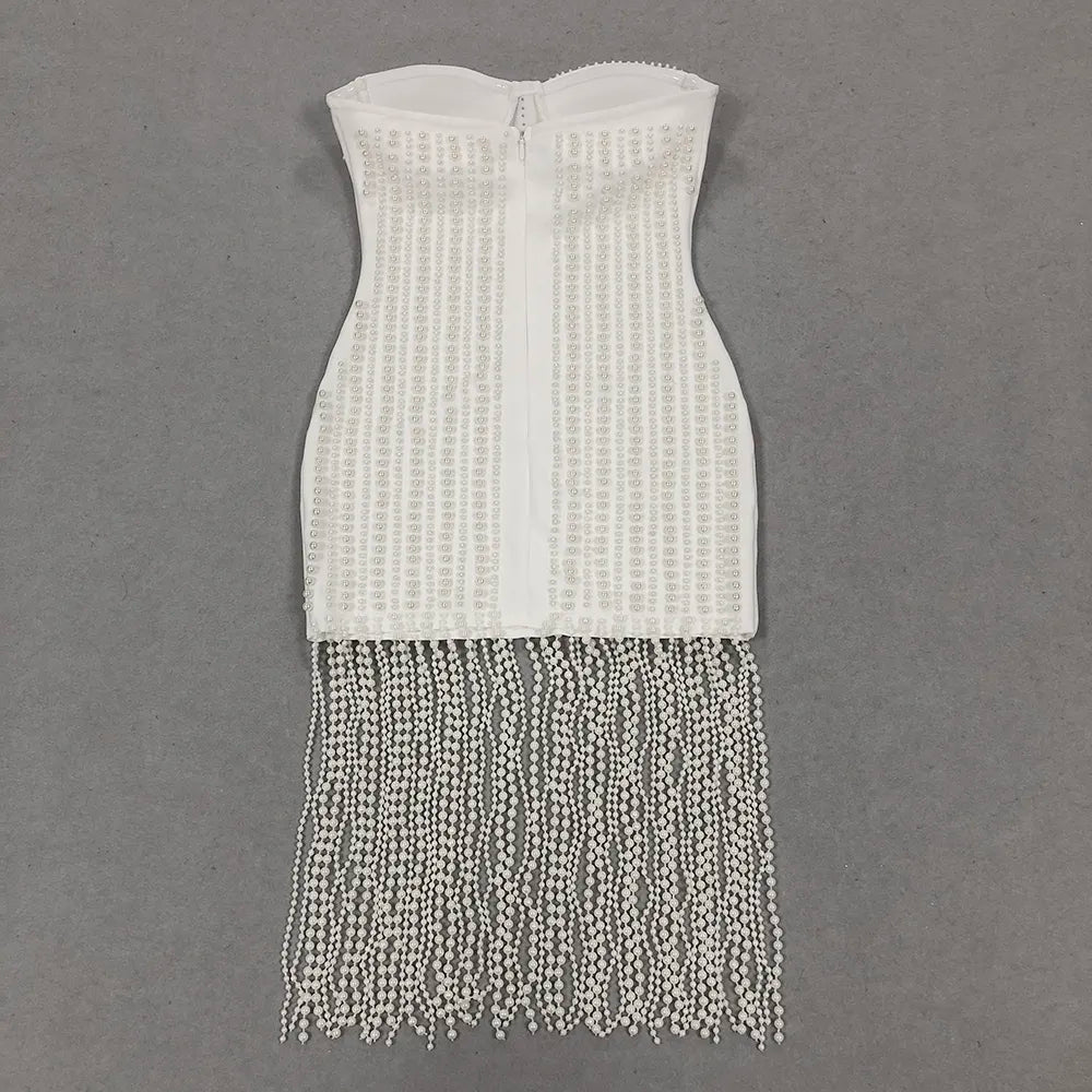 2025 Luxury Ball Gown Front De Noche De Luxo Women White Elegant Pearl Tassel Evening Dress Fashion Club Bandage Dress