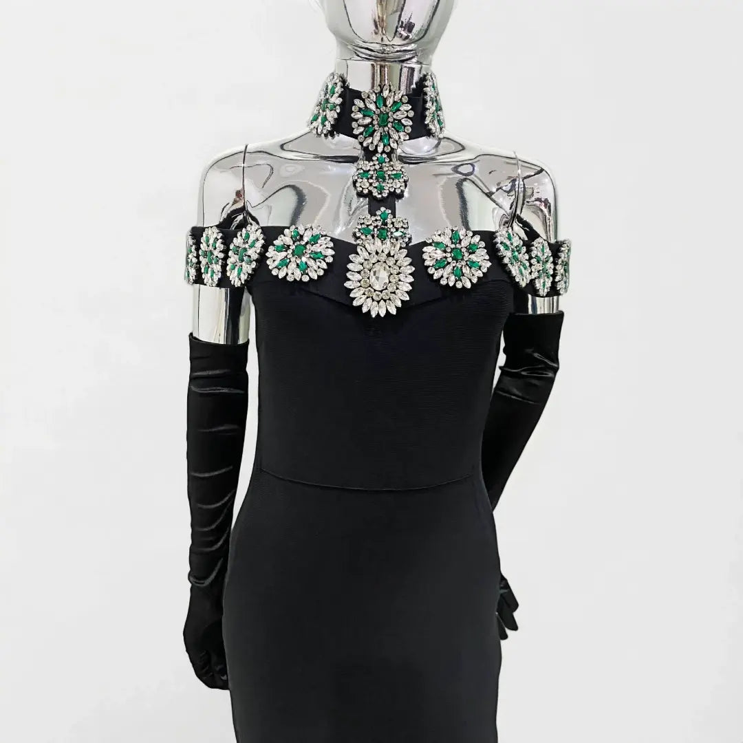 2024 New Trend Evening Dresses Women Party Wear Elegant High Form Rhinestone Bandage Dress With Gloves