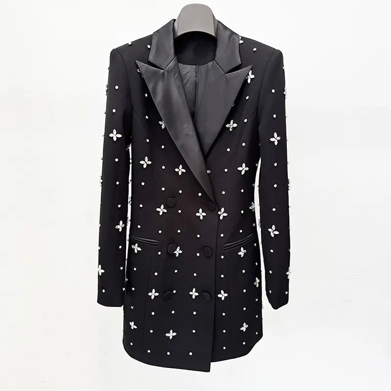 Luxury OEM clothing manufacturer beaded rhinestone black suit short skirt dress female elegant ladies blazer dress