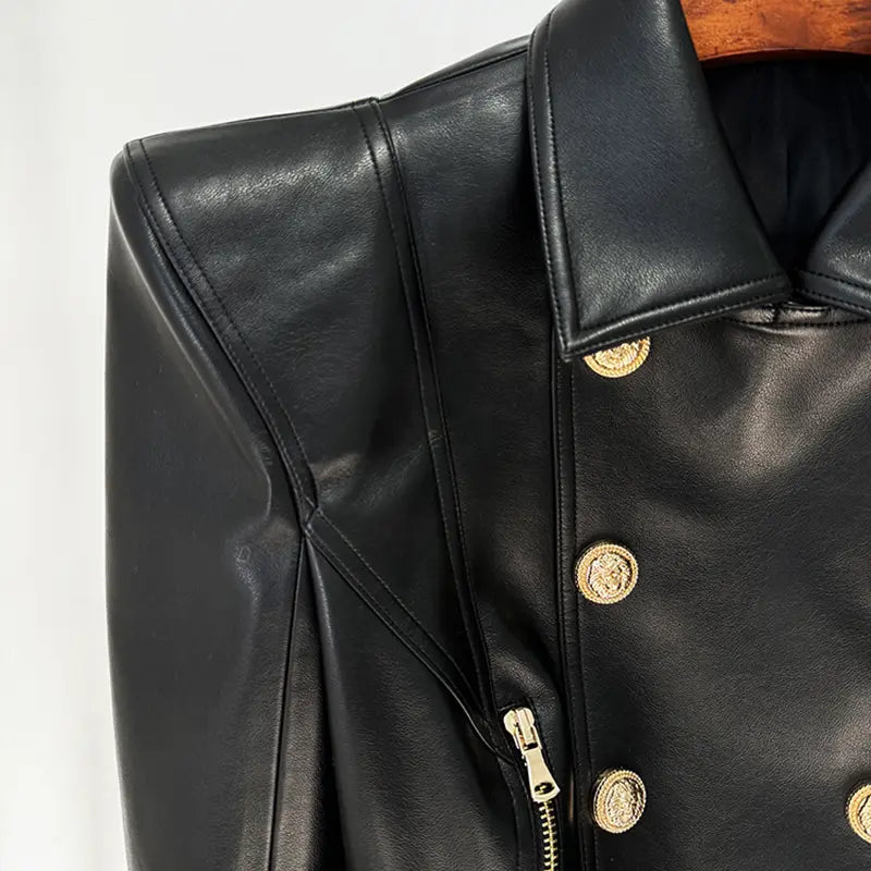 2025 Spring New Fashion Women's Black Suit Jacket Double Breasted Short High Quality Women's Leather Jacket
