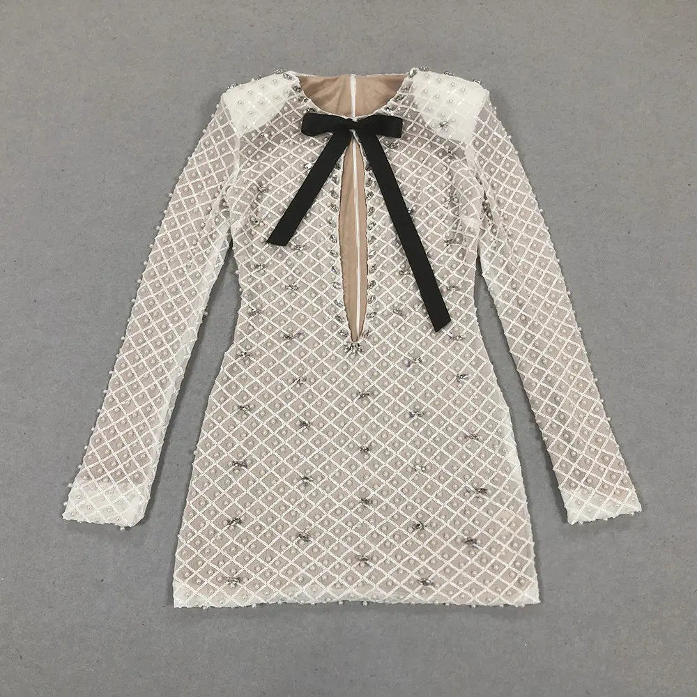 High End Clothing Manufacturer White Grid Pattern Womens Party Wear Long Sleeve Mini Dress with Rhinestone Black Bow