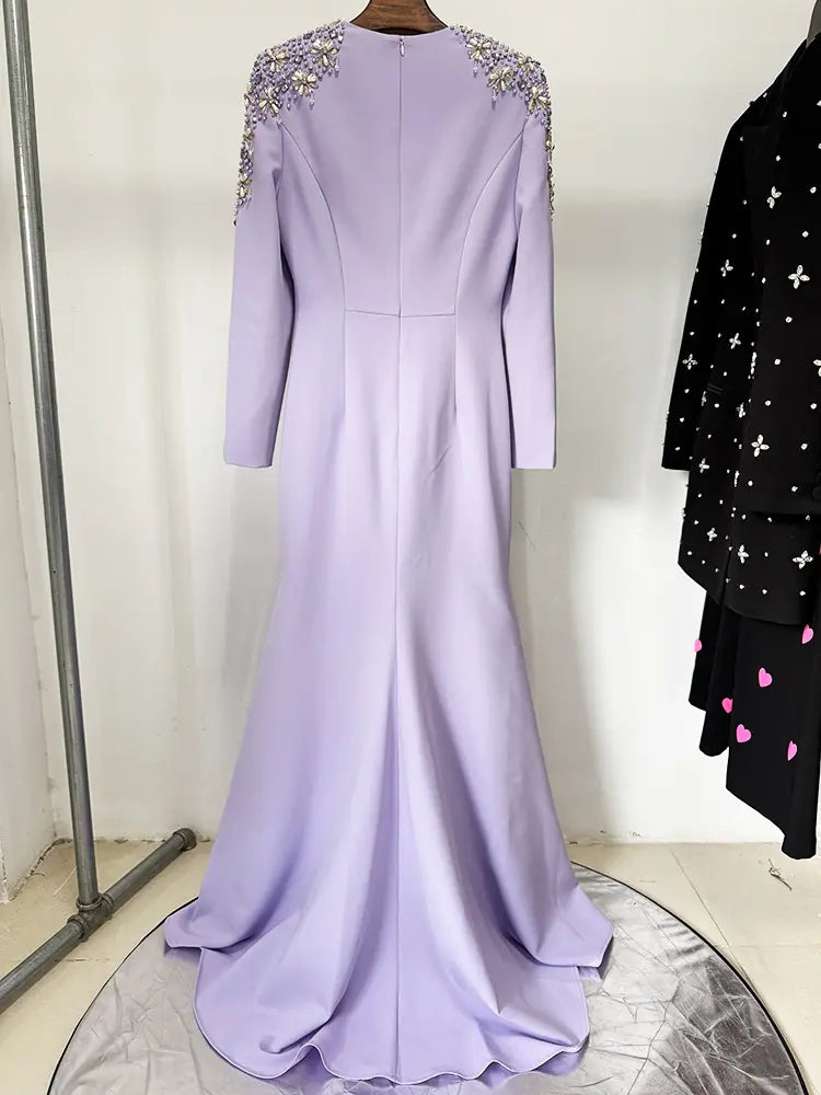 2025 Luxury Beaded Diamond Women's V Neck Maxi Party Dress Elegant Purple Long Gown Women's Modest Evening Dress