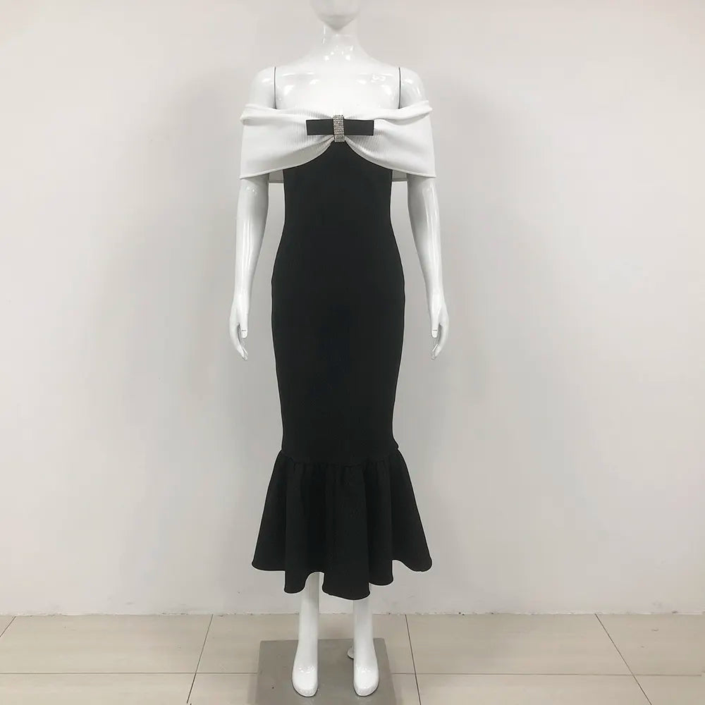 Wholesale Elegant Women Off Shoulder Black Evening Dress Female Mermaid White Bow Long Dress