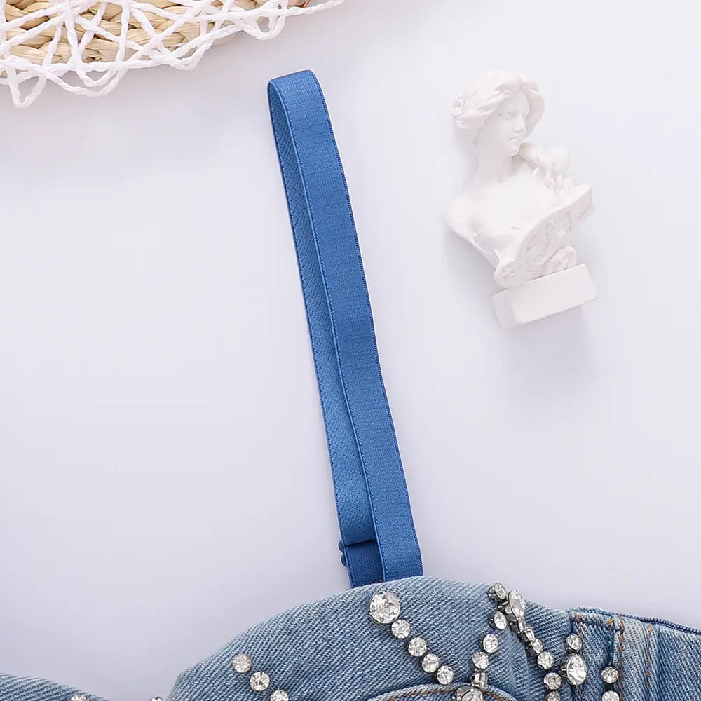 Wholesale women's custom diamond denim corset rhinestone corset cropped denim camisole top