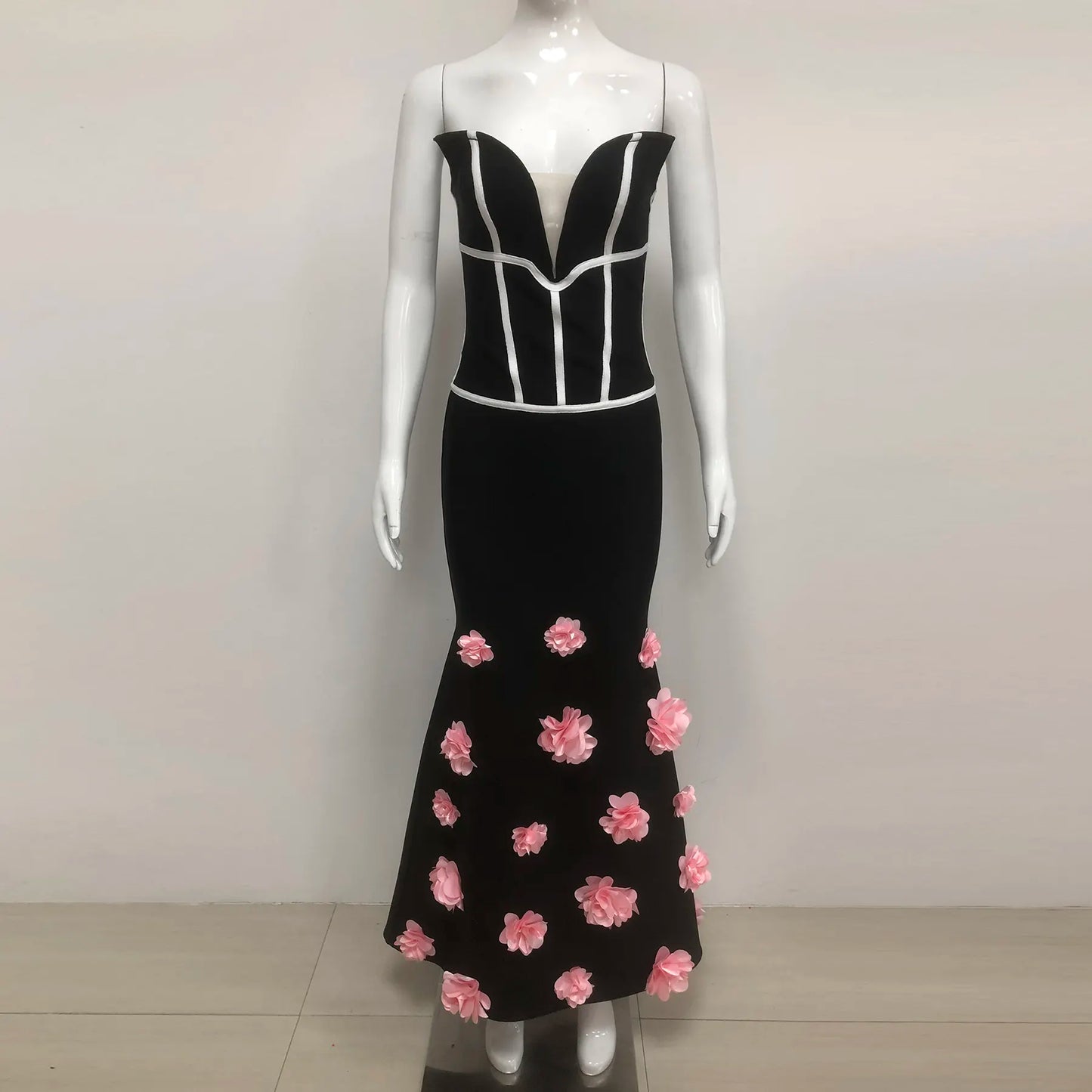Luxury women's black dress party wear elegant high formal mermaid dress 3D pink flowers long dress evening gown