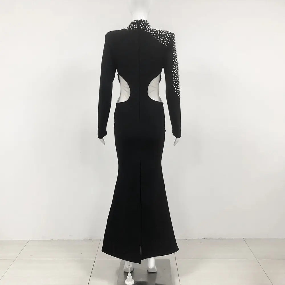Luxury women designer bandage dress designer women party black dress elegant pearl evening dress
