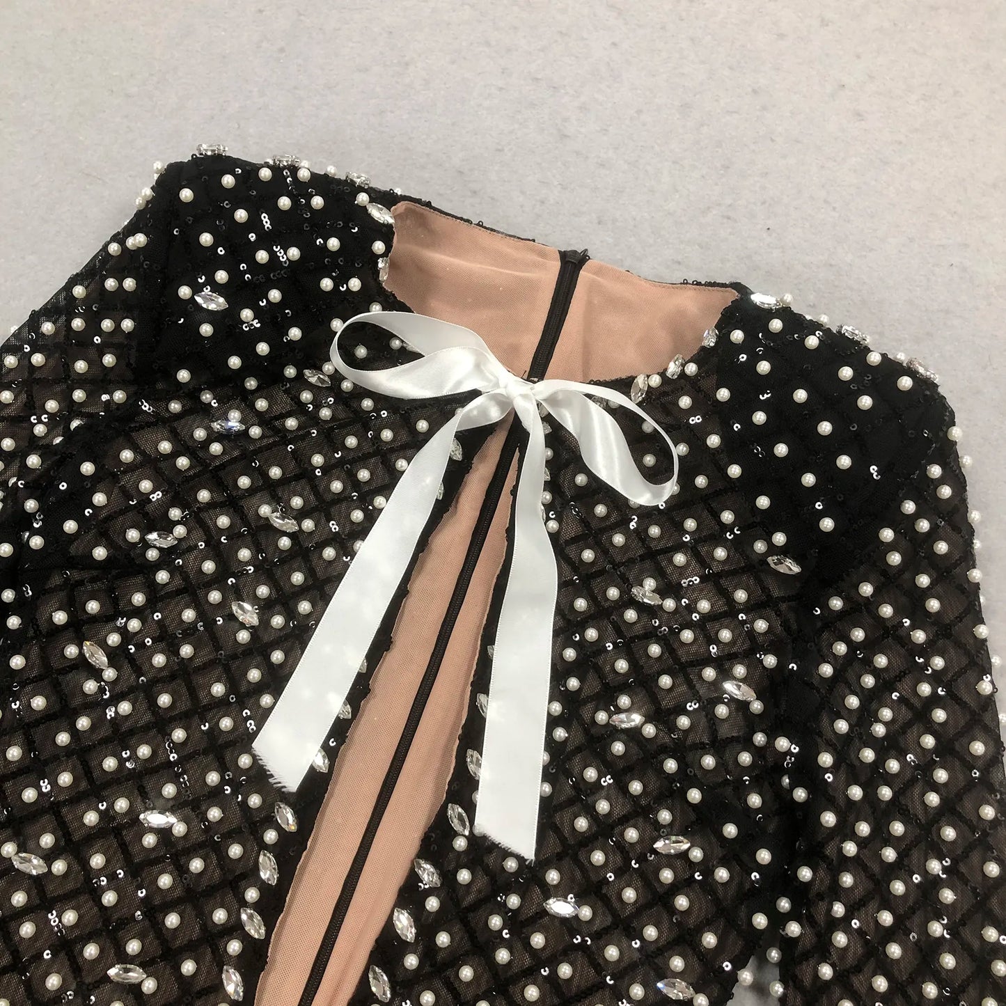 OEM factory custom clothing women pearl sequin black mini dress cut short party wear club wear women sexy