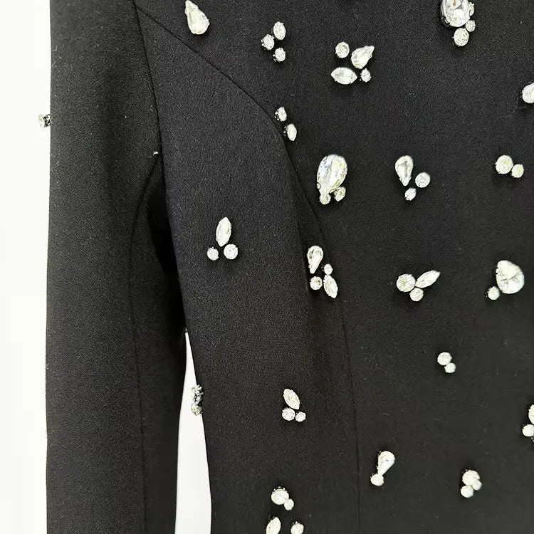 Wholesale Elegant Beaded Diamond Dress Long Sleeve Floor Standing Black Rhinestone Evening Dress