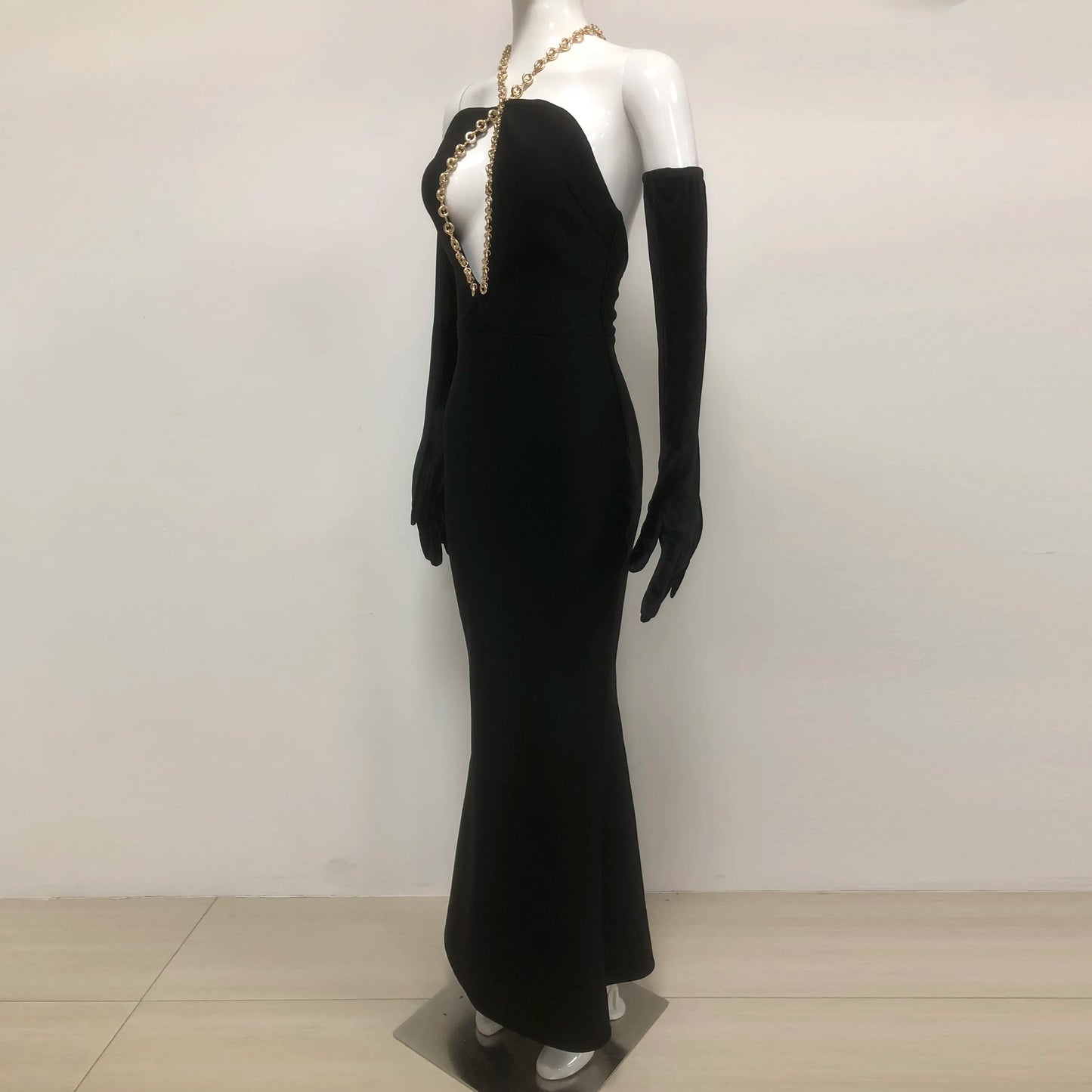 Luxury wedding dress women camisole metal chain black long tight evening dress women nightgown