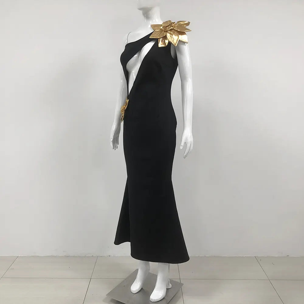 Wholesale women's elegant black club wear sexy party wear gold 3D flower cut out maxi dress evening gown