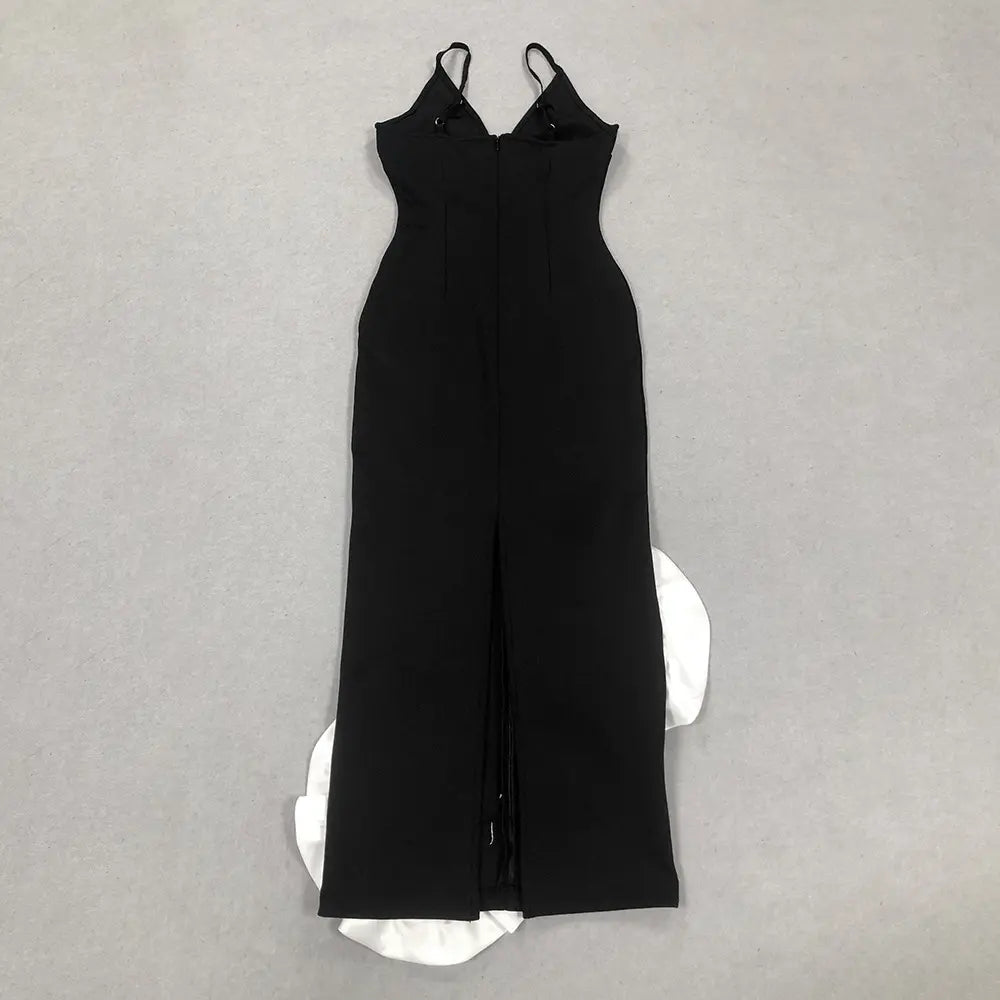 Custom high quality summer fashion elegant nightgown stylish women black deep v neck spaghetti strap 3d flower bandage dress
