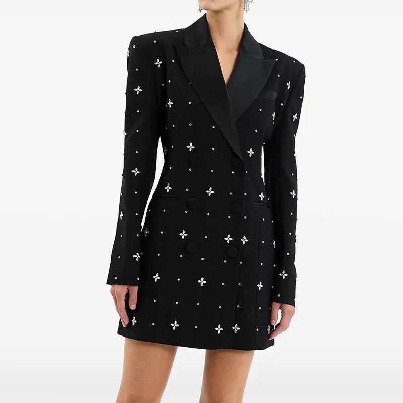 Luxury OEM clothing manufacturer beaded rhinestone black suit short skirt dress female elegant ladies blazer dress