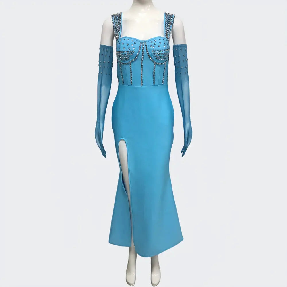 Wholesale Elegant Women Luxury Long Women Beaded Blue Bandage Evening Dress with Gloves Evening Gown