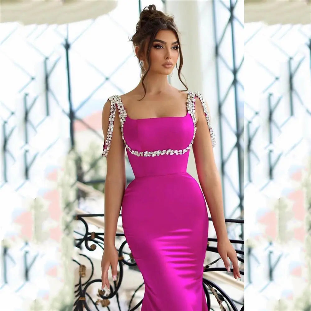 Fashion Robe Bandage Women's Formal Elegant Solid Color Rhinestone Bodycon Dress