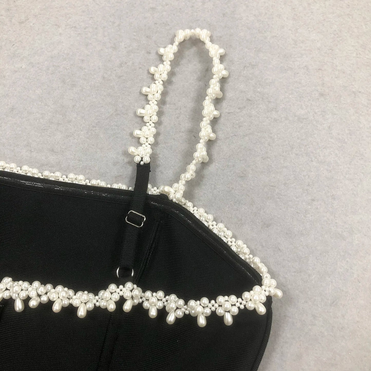Ladies Club Dress Women Elegant Black Sleeveless Beaded Summer Sexy Chic Party Mini Dress With Pearl Spaghetti Strap