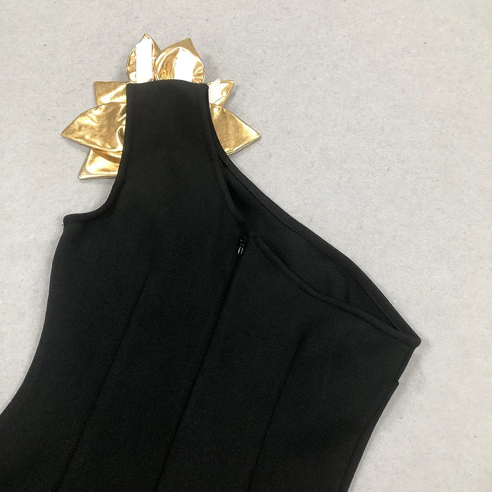 Wholesale women's elegant black club wear sexy party wear gold 3D flower cut out maxi dress evening gown