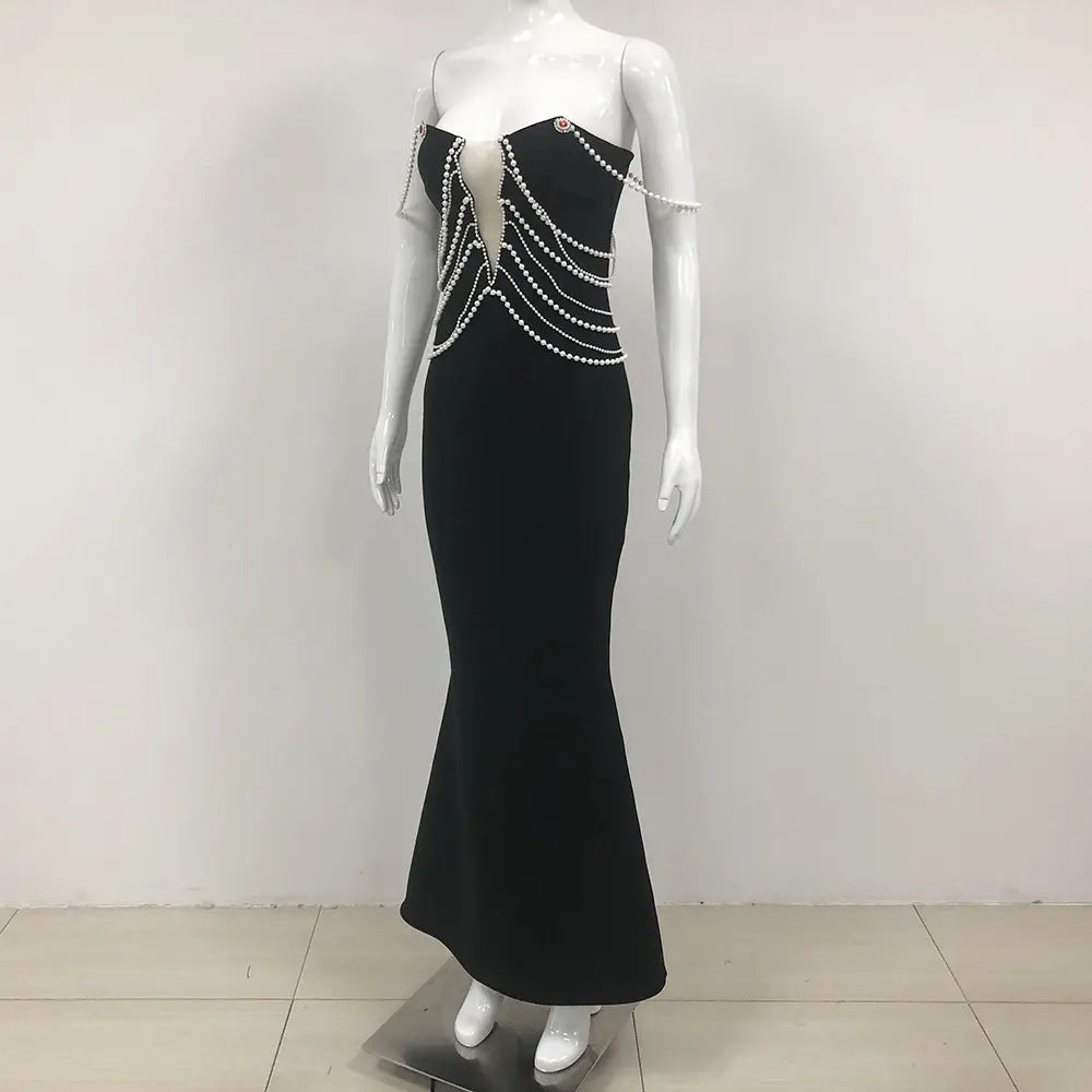Elegant women's clothing women's long bodycon dress gown luxury sexy black bandage mermaid evening gown pearl chain
