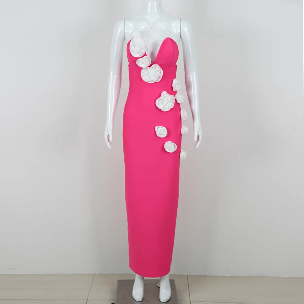 Elegant women's wear luxury evening gown robe luxury women formal 3d flower dress with pearl strap