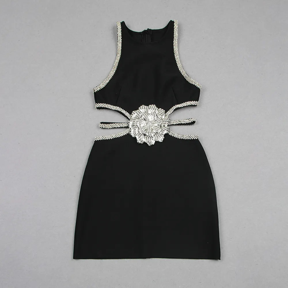 Fashion Sexy Women's Short Party Dress Sleeveless Black Mini Evening Dress Luxury Club Dress Rhinestone Floral