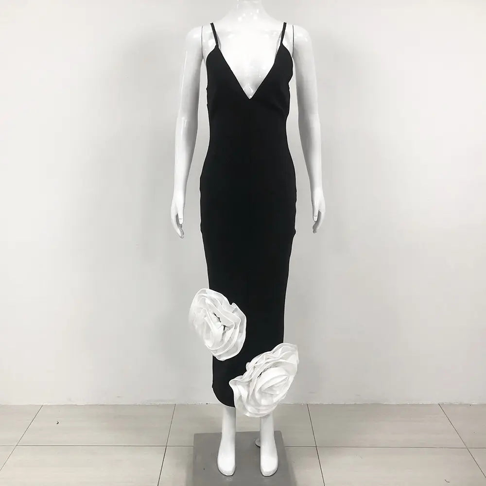 Custom high quality summer fashion elegant nightgown stylish women black deep v neck spaghetti strap 3d flower bandage dress