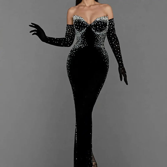 Custom made women dresses ladies elegant luxury black long formal party maxi dress diamond gown ladies evening dress