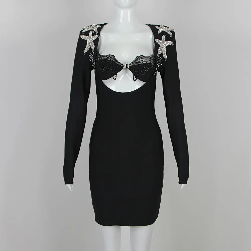 2025 New Arrival Summer Women's Black Formal Prom Bandage Mini Dress Sexy Short Party Dress Hollow Starfish Long Sleeve