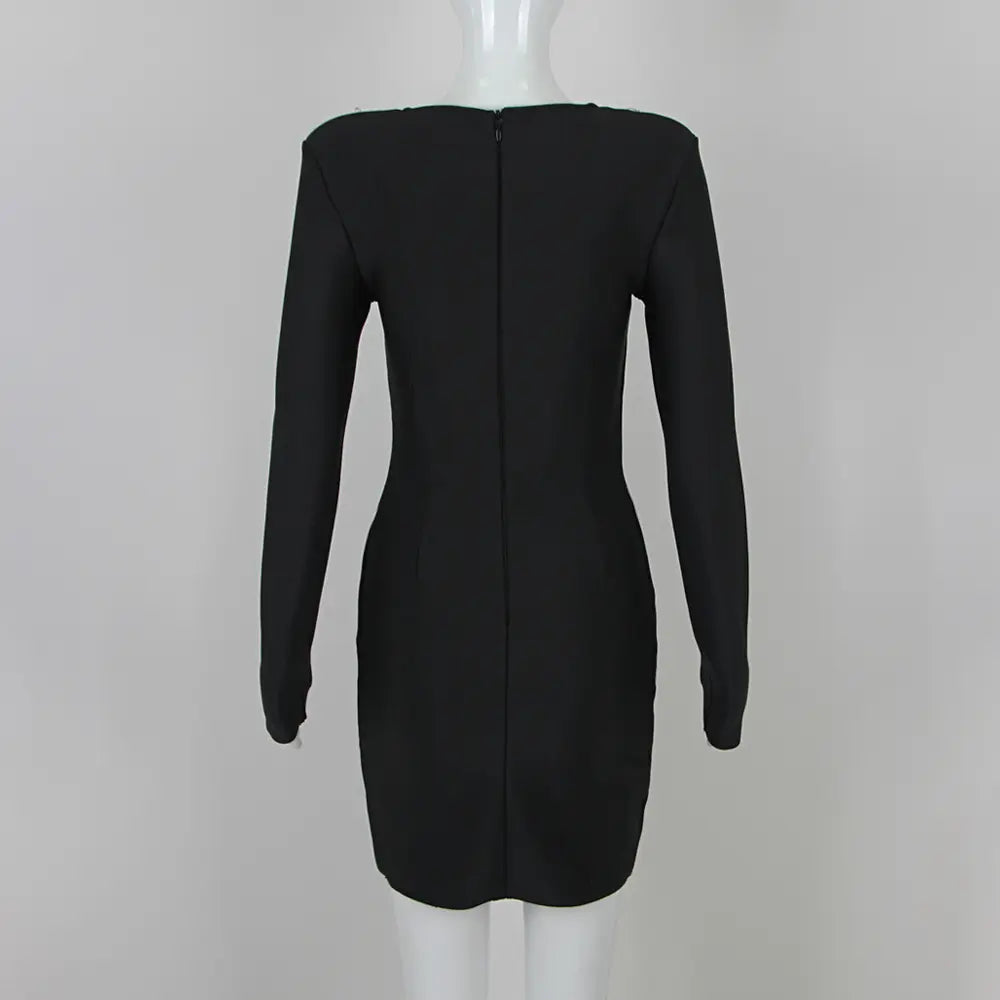 2025 New Arrival Summer Women's Black Formal Prom Bandage Mini Dress Sexy Short Party Dress Hollow Starfish Long Sleeve