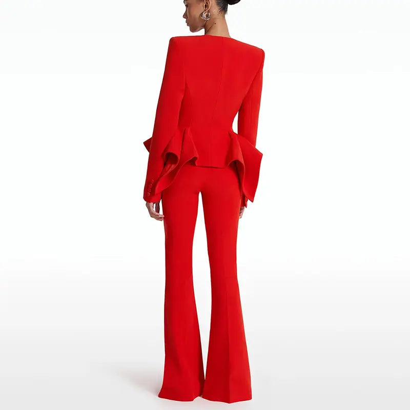 2025 designer inspiration clothing suits women trouser suits red ruffle jacket flared pants suits women suits