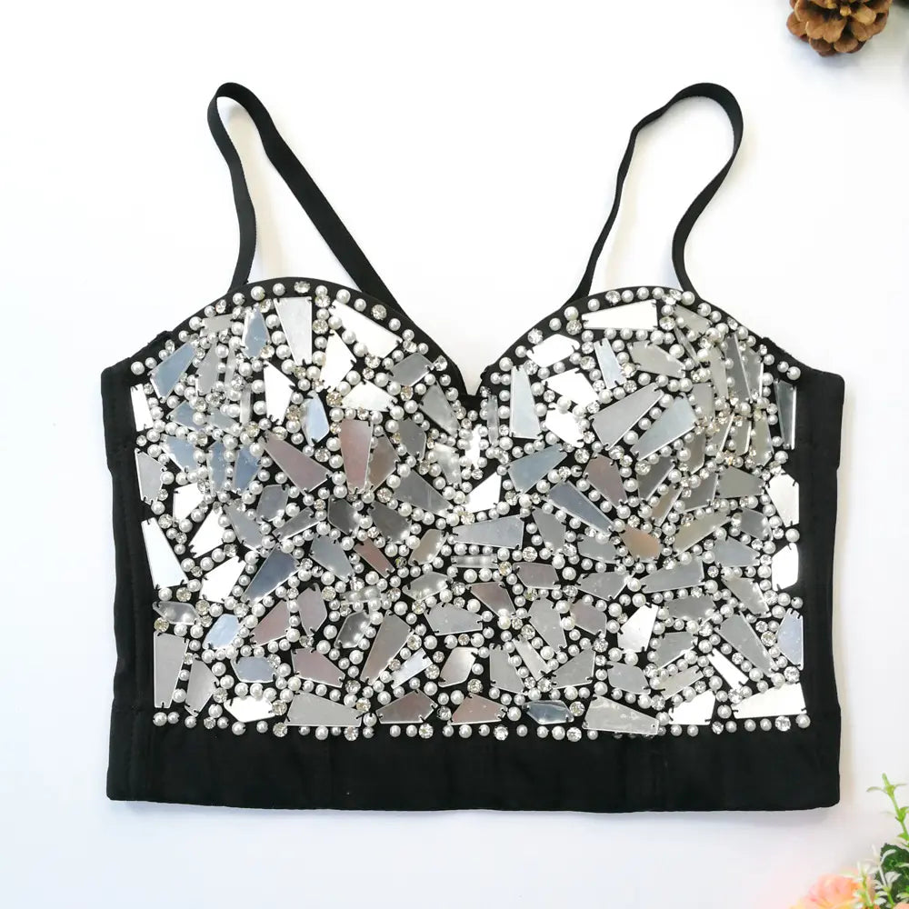 Glitter Gold Sequin Crop Top Party Nightclub Sparkling Beaded Corset Women 2025